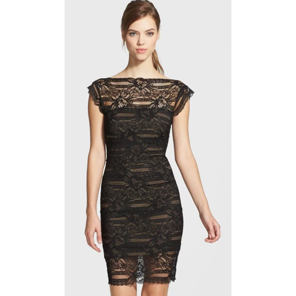 Nicole Miller Black Lace Bodycon Dress L Nude Lined Ruched‎ Cocktail Party Luxe